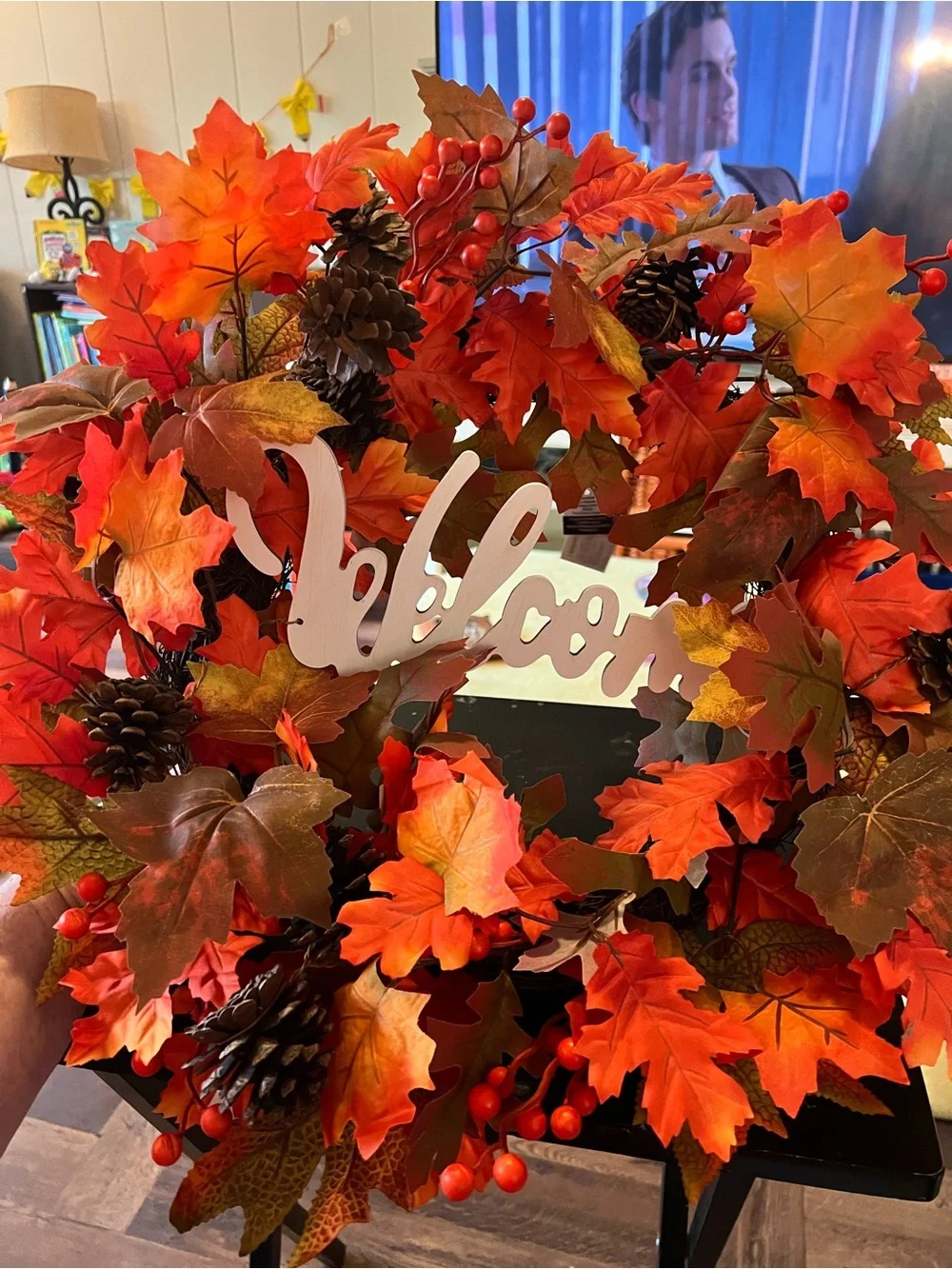 Vibrant Autumn Maple & Pinecone Wreath in Red and Orange